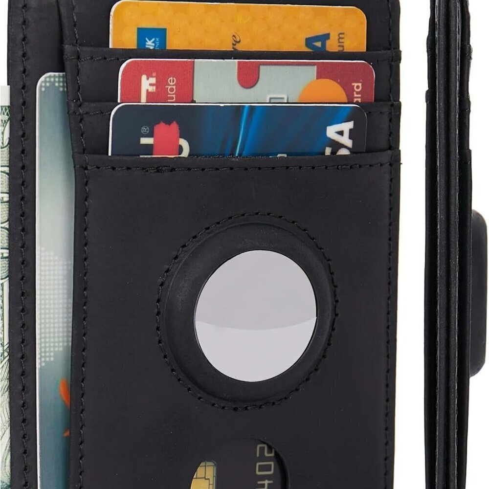 Minimalist Leather Wallet with RFID Block, Built-in AirTag Holder, 8 Slots